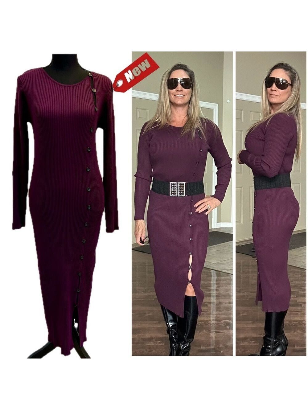 Calvin Klein maroon ribbed knit bodycon dress button detail long sleeve crewneck